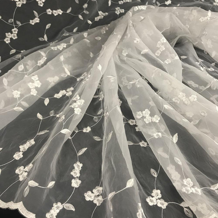 Embroidered Organza Fabric Daisy Dance Party Design Double Border, 52" Wide, Choose Color, Multi-Use Garment Table Backdrop