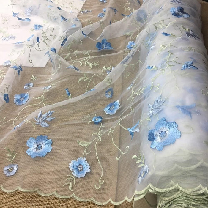 Embroidered Organza Fabric Beautiful Allover Double Boarder Floral Thick High Quality Embroidery, 52" Wide, Choose Color, Multi-Use Garment Table Backdrop