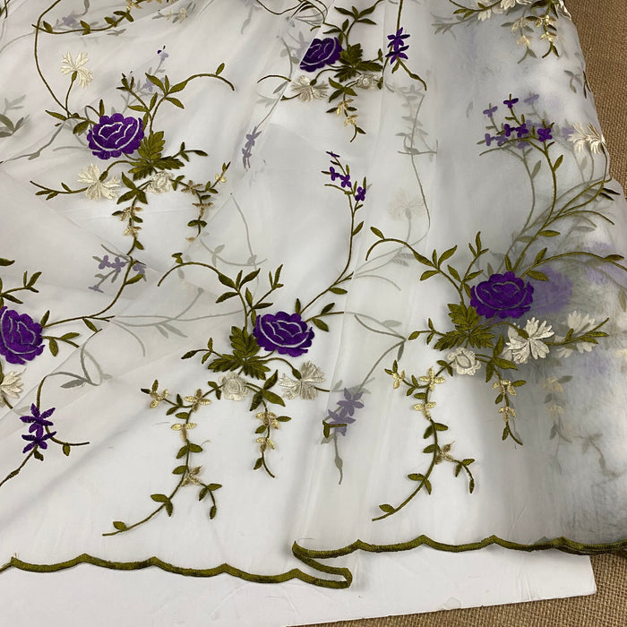 Embroidered Organza Fabric Allover Double Boarder Floral, 52" Wide, Choose Color, Multi-Use Garment Table Backdrop Layover Dance Theater Costumes