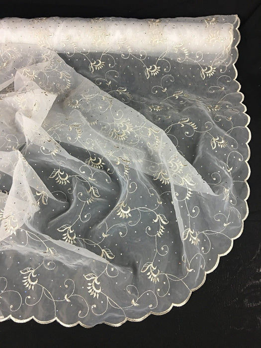 Embroidered Organza Fabric Shiny Dots Chief Eagle Allover Double Scalloped Border, 52" Wide, Garment Dolls Table Decoration ⭐