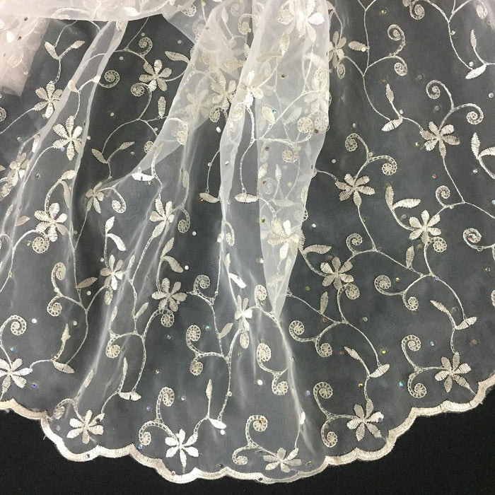 Allover Embroidered Organza Fabric Bling Shiny Spots both Borders Scalloped , 52" Wide, Garment Sweet 16 Dress Table Backdrop Costumes