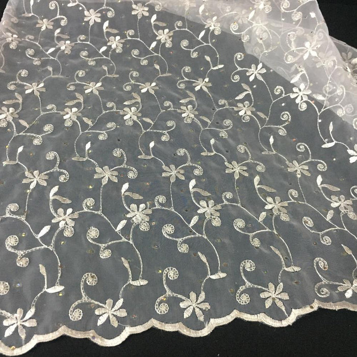 Allover Embroidered Organza Fabric Bling Shiny Spots both Borders Scalloped , 52" Wide, Choose Color, Multi-Use Garment Table Backdrop Costumes DIY Sewing