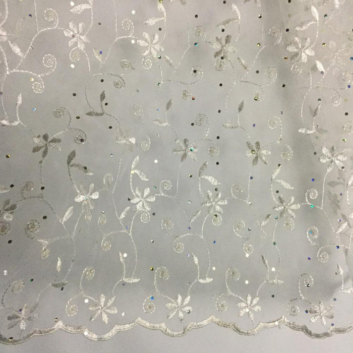 Allover Embroidered Organza Fabric Bling Shiny Spots both Borders Scalloped , 52" Wide, Garment Sweet 16 Dress Table Backdrop Costumes