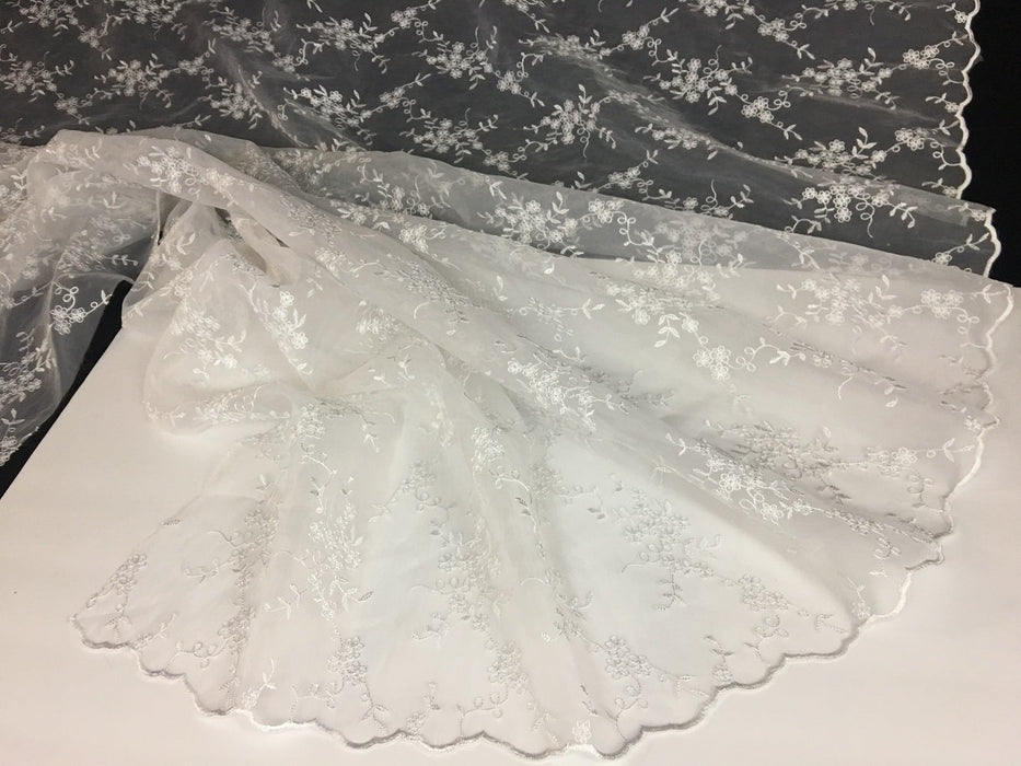 Bridal Fabric Embroidered Organza Allover Floral Full Double Scalloped Border, 52" Wide, White, Multi-Use Garment Dolls Table Veil Communion Christening Baptism