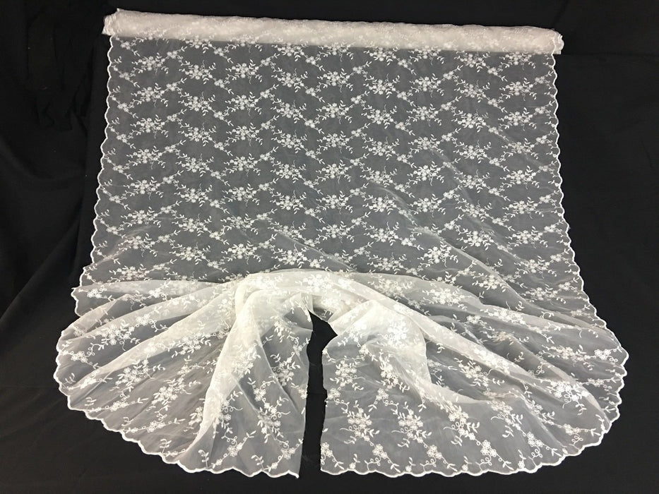 Bridal Fabric Embroidered Organza Allover Floral Full Double Scalloped Border, 52" Wide, White, Multi-Use Garment Dolls Table Veil Communion Christening Baptism 