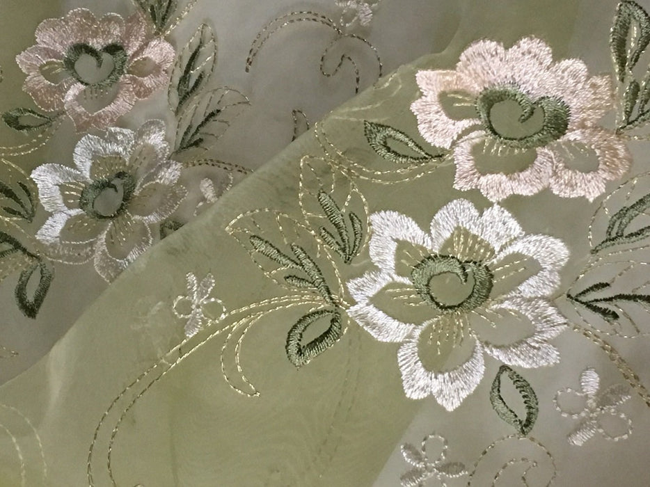 Embroidered Organza Fabric 2 Sisters Floral Allover Double Scalloped Border, 52" Wide, Choose Color, Multi-Use Garment Backdrop Table Dolls Decoration