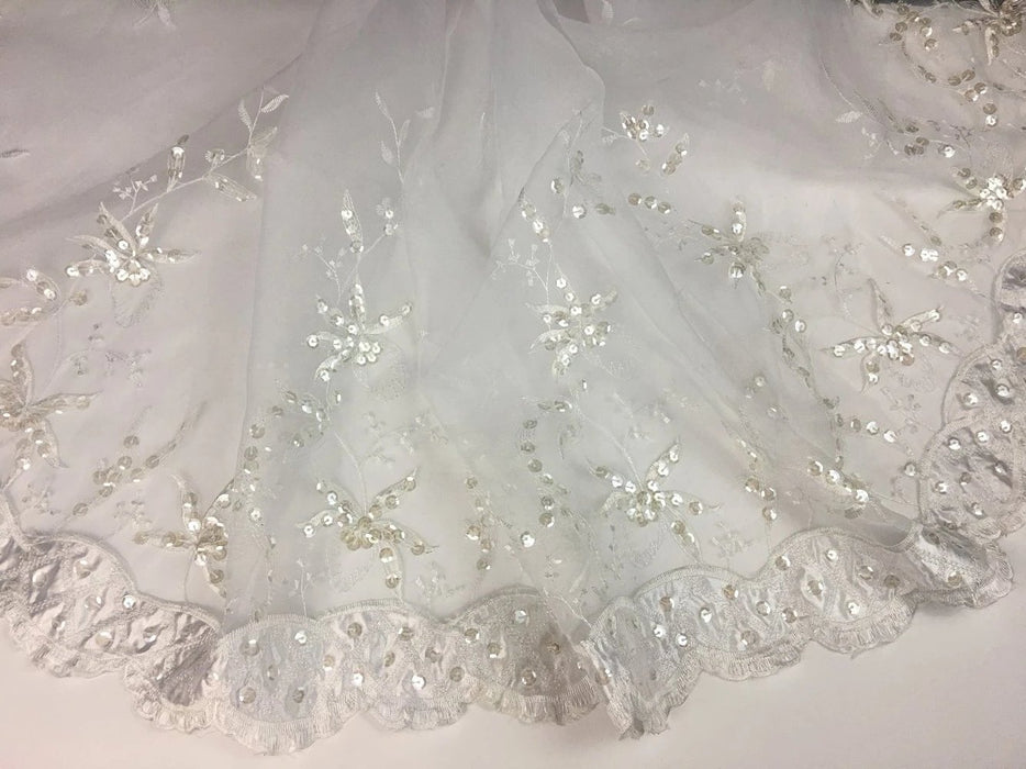 3D Bridal Beaded Fabric Satin Border Embroidered Organza Starburst Flower Design, 52" Wide, Garment  Dolls Costume ⭐