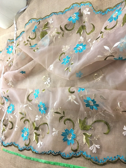 Embroidered Organza Fabric Allover Double Border Floral Embroidery Flower Family design, 52" Wide, Choose Color, Multi-Use Garment Table Backdrop