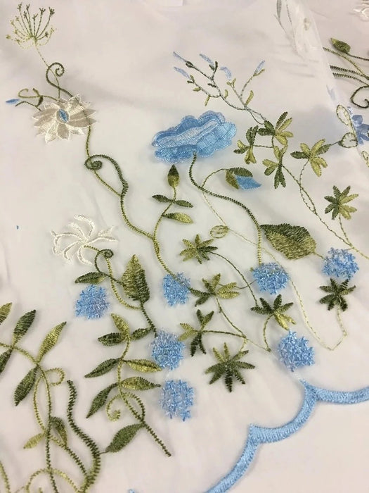 Embroidered Organza Fabric Vibrant Flower Garden Design, Double Border, 52" Wide, Choose Color, Multi-Use Garments Costumes Curtains