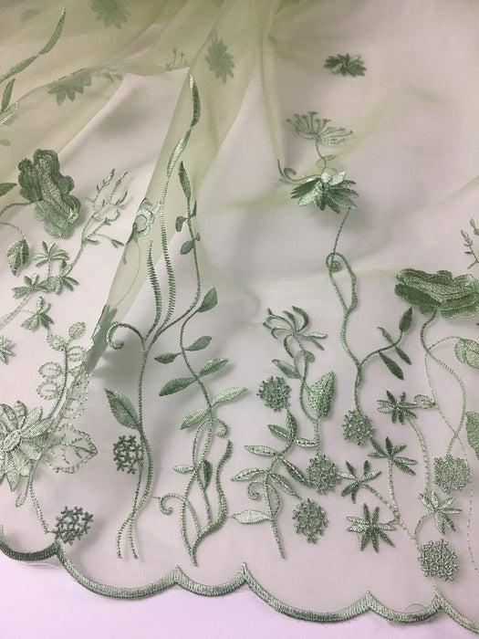 Embroidered Organza Fabric Vibrant Flower Garden Design, Double Border, 52" Wide, Choose Color, Multi-Use Garments Costumes Curtains