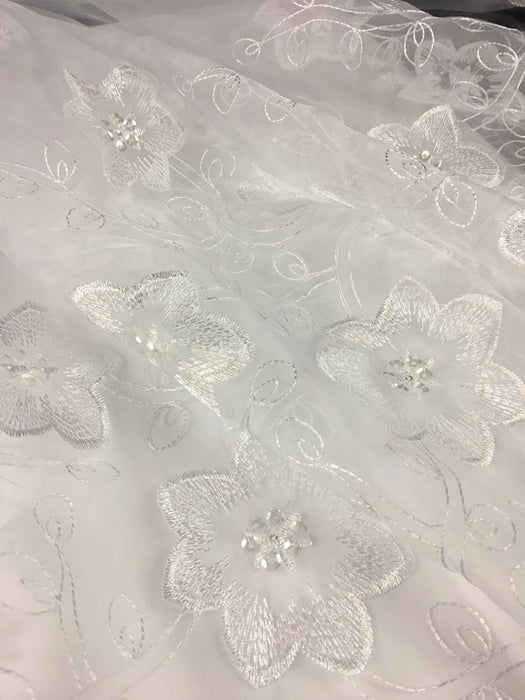 Bridal Organza Fabric Flower Jungle Design, Embroidered Sequinned Double Border, 52" Wide, White, Multi-Use Garments Wedding Communion Christening