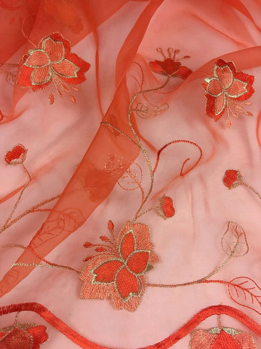 Embroidered Organza Fabric Butterfly Flower Design, Double Border, 52" Wide, Orange & Gold, Multi-Use Garments Costumes Curtains Decoration