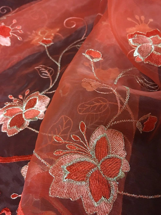 Embroidered Organza Fabric Butterfly Flower Design, Double Border, 52" Wide, Orange & Gold, Multi-Use Garments Costumes Curtains Decoration