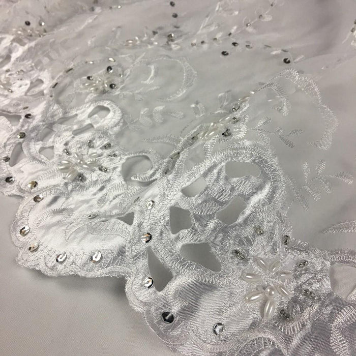 Bridal Fabric Satin Border Hand Cut Beaded Embroidered Organza, 52" Wide, White, Multi-Use Wedding Events Children Garments Costumes Curtains DIY Sewing