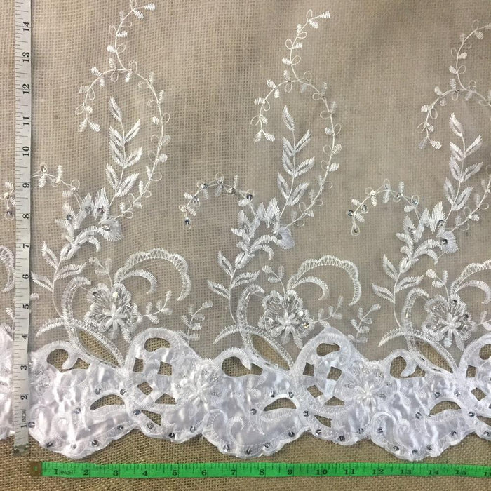 Bridal Fabric Satin Border Hand Cut Beaded Embroidered Organza, 52" Wide, White, Multi-Use Wedding Events Children Garments Costumes Curtains DIY Sewing