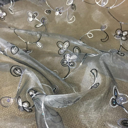 Embroidered Organza Fabric Shiny Sequins Allover Floral, Black & White Embroidery on Charcoal Grey Organza, 55" Wide. Multi-Use Garments Costumes table Cloth 