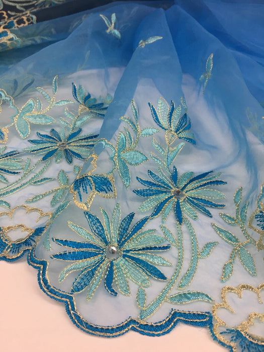 3D Bridal Organza Fabric Rhinestone Sunburst Floral Design, Double Border, 52" Wide, Garments Costumes Curtains DIY Sewing ⭐