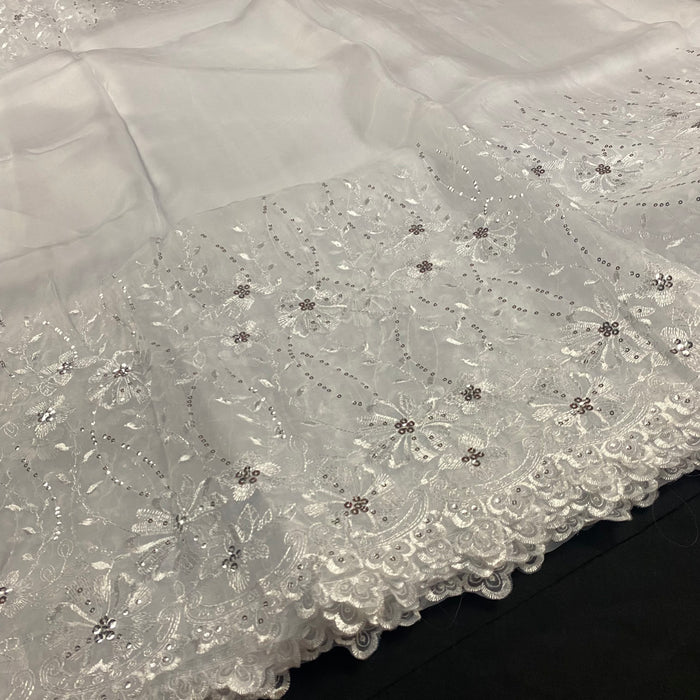 Bridal Embroidered Organza Fabric Diving Party Flowers Design, 52" Wide, White with Silver Sequins,  Communion Baptism Christening Costume More