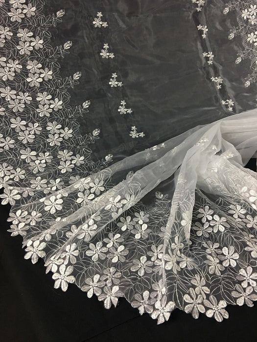 Bridal Organza Fabric Full Border Magic Snowflakes Design, 52" Wide, White with Silver Sequins, Multi-Use Skirt Dolls Communion Baptism Garment 