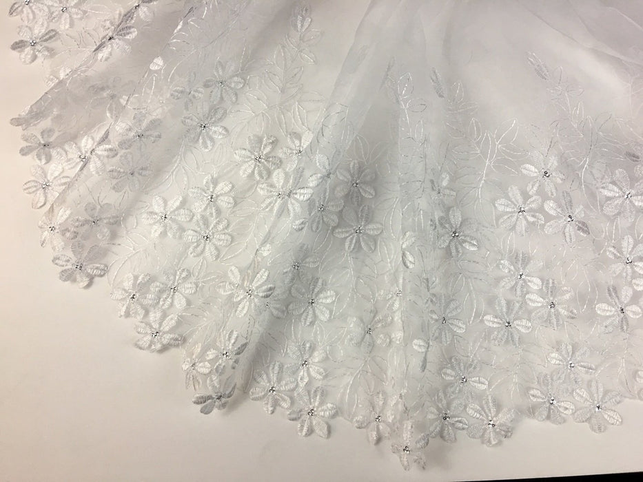Bridal Organza Fabric Full Border Magic Snowflakes Design, 52" Wide, White with Silver Sequins, Skirt Dolls Communion Baptism Garment ⭐