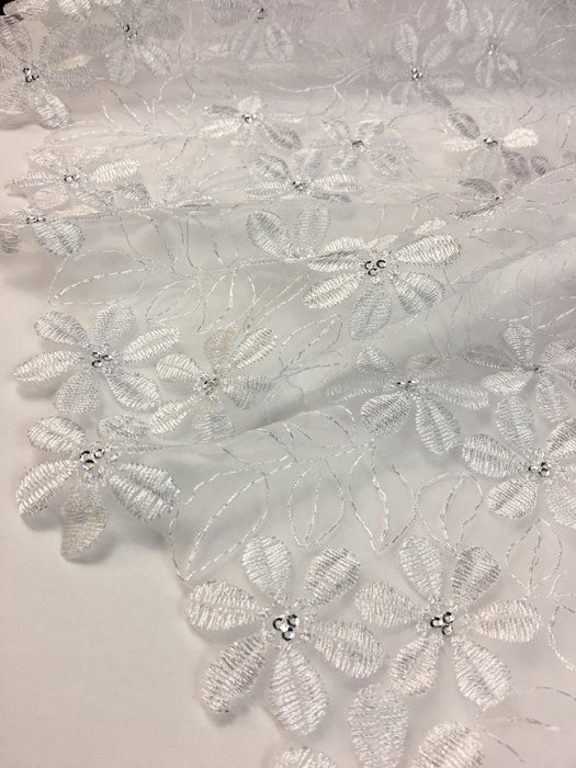 Bridal Organza Fabric Full Border Magic Snowflakes Design, 52" Wide, White with Silver Sequins, Skirt Dolls Communion Baptism Garment ⭐