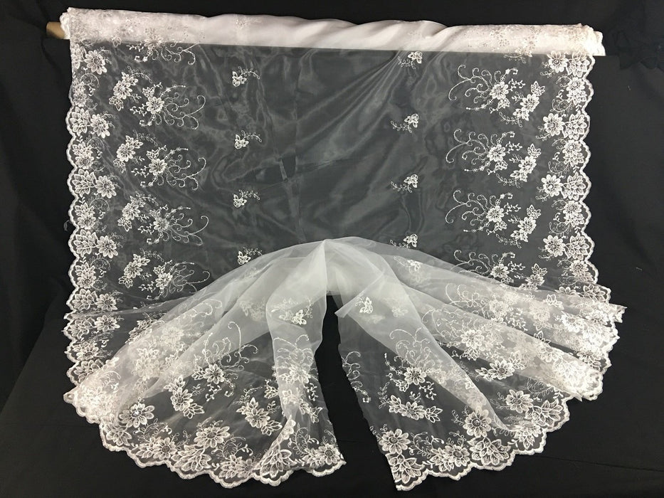 Bridal Organza Fabric Happy Flower Party Design, 52" Wide, White with Silver Sequins, Multi-Use Garment Skirt Dolls Communion Baptism