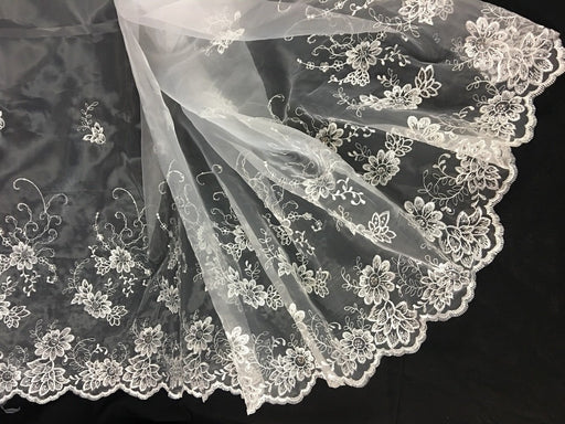 Bridal Organza Fabric Happy Flower Party Design, 52" Wide, White with Silver Sequins, Multi-Use Garment Skirt Dolls Communion Baptism 