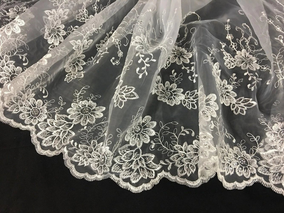 Bridal Organza Fabric Happy Flower Party Design, 52" Wide, White with Silver Sequins, Multi-Use Garment Skirt Dolls Communion Baptism