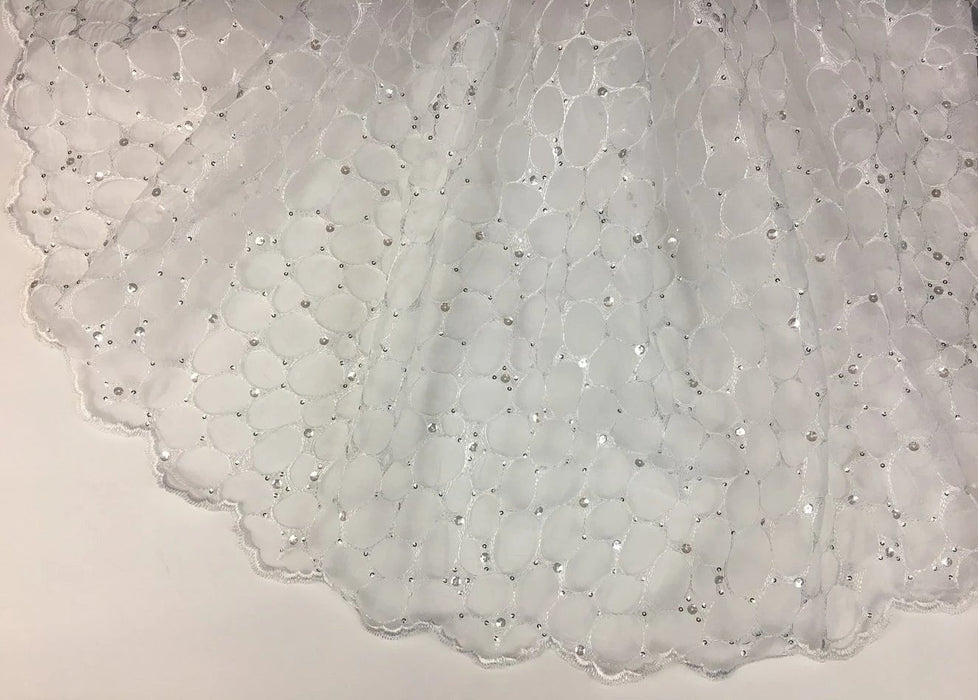 Bridal Embroidered Organza Fabric Holly Eggs Web Design Double Border, 52" Wide, White with Silver Sequins, Multi-Use Garment Communion Baptism