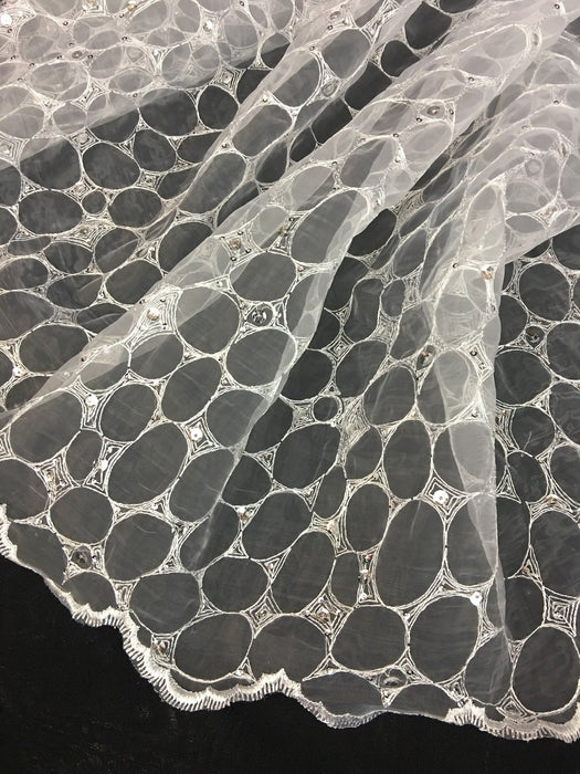 Bridal Embroidered Organza Fabric Holly Eggs Web Design Double Border, 52" Wide, White with Silver Sequins, Multi-Use Garment Communion Baptism