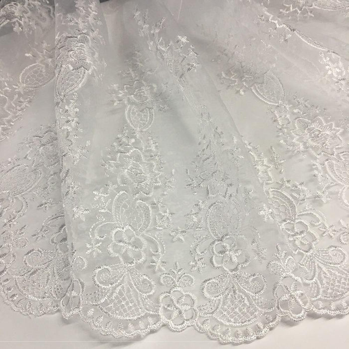 Embroidered Organza Fabric Fancy Aztec design Double Border, 52" Wide, White, Multi-Use Garment Bridal Gowns Communion Christening Baptism