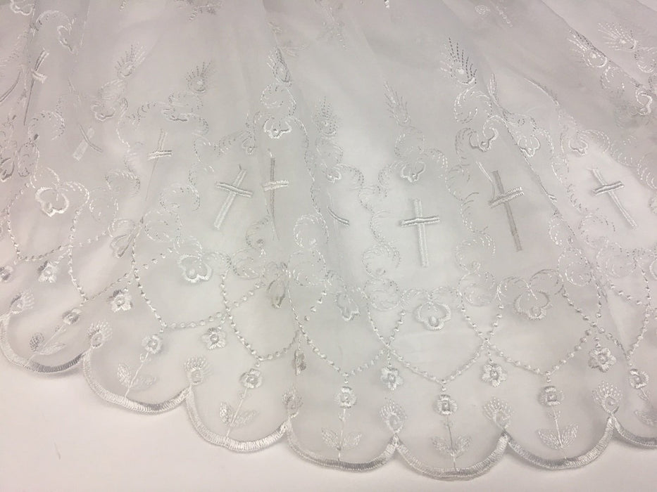 Holy Chalice Cross Embroidered Organza Fabric Double Border, 52" Wide, White, Multi-Use Garment Bridal Communion Christening Baptism Cape Gowns