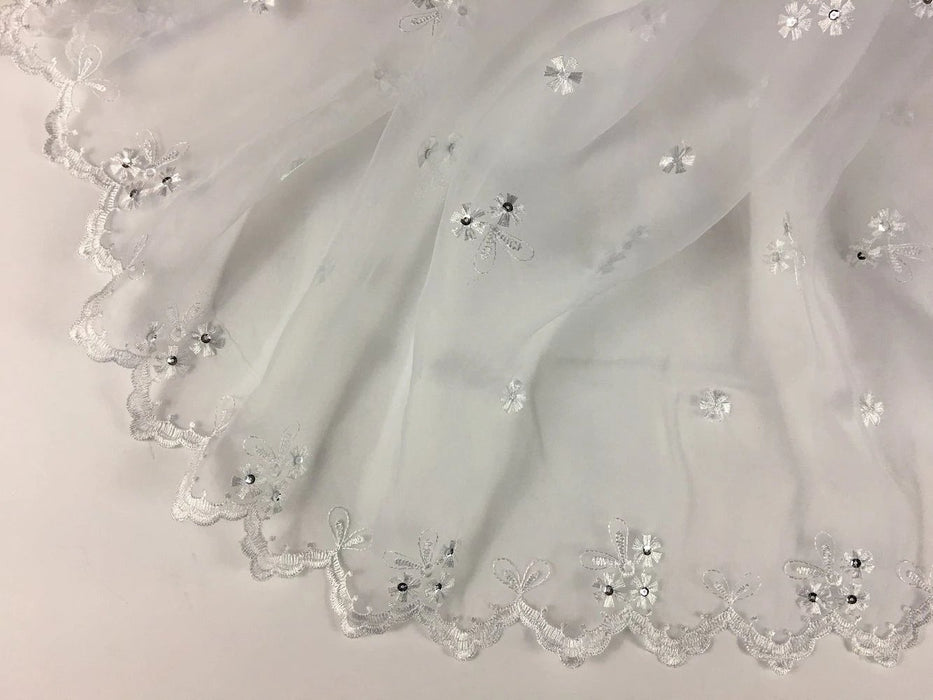Bridal Embroidered Organza Fabric Daisy Bunch Design Allover Double Border, 52" Wide, White with Silver sequins, for Communion Christening