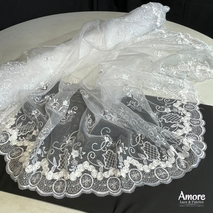 Bridal Fabric 3D Satin Ribbon Wave design Double Border Embroidered Organza 52" Wide Communion Christening Baptism tablecloth Manteles