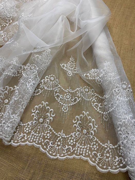 Bridal Embroidered Organza Fabric Angel Stardust Design, 52" Wide, White with Silver Sequins for Communion Christening Baptism Costume Dress Skirt and more