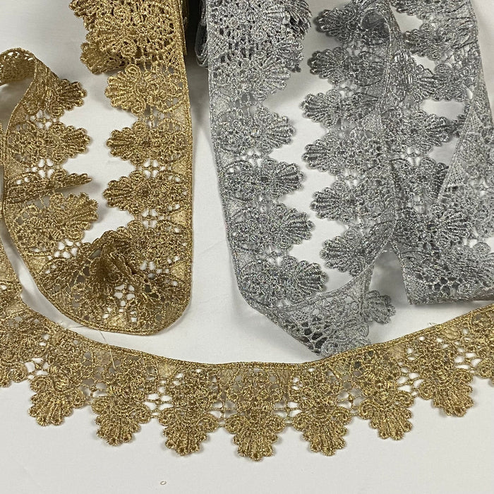 Gold/Silver Trim Lace Metallic  Scalloped Antique Vintage Venise, 1.75", Choose Color, Multi-Use Garments Decoration Altar Costumes Crowns