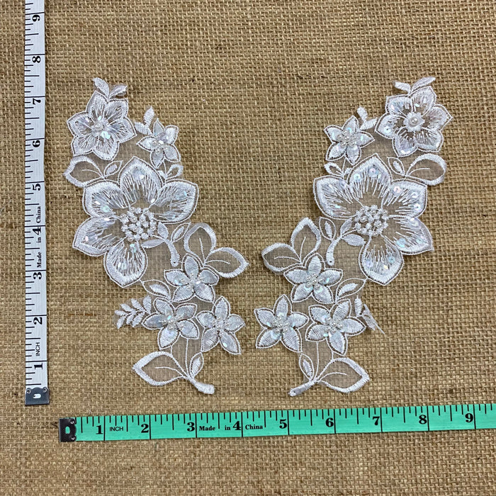 Floral Beaded Applique Pair Embroidered Organza Beaded Sequined, 8"x8", White, for Garment  Communion Christening Theater Dance Costume.