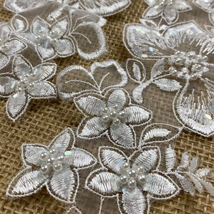 Floral Beaded Applique Pair Embroidered Organza Beaded Sequined, 8"x8", White, for Garment  Communion Christening Theater Dance Costume.