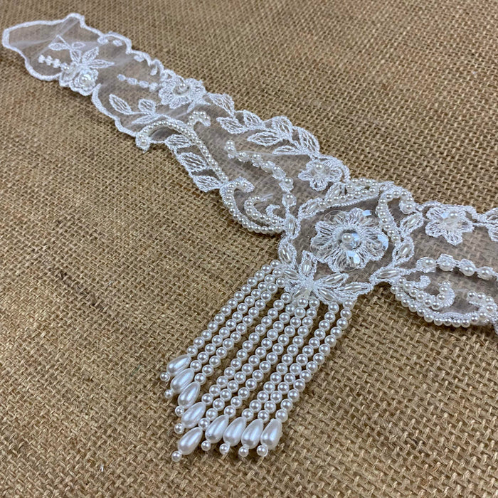 Floral Beaded Applique Embroidered Organza Beaded & Sequined, 8"x8", White, for Garment  Communion Christening Theater Dance Costume.