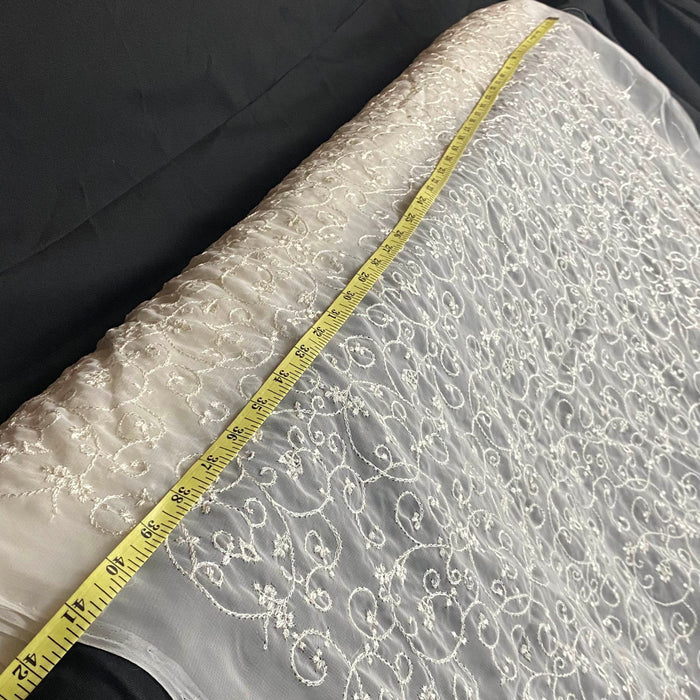 Embroidered Organza Fabric Full Stich Curls Open Borders, 40" Wide, Ivory Color, For Garment Table Backdrop Dance & Theater Costume and more