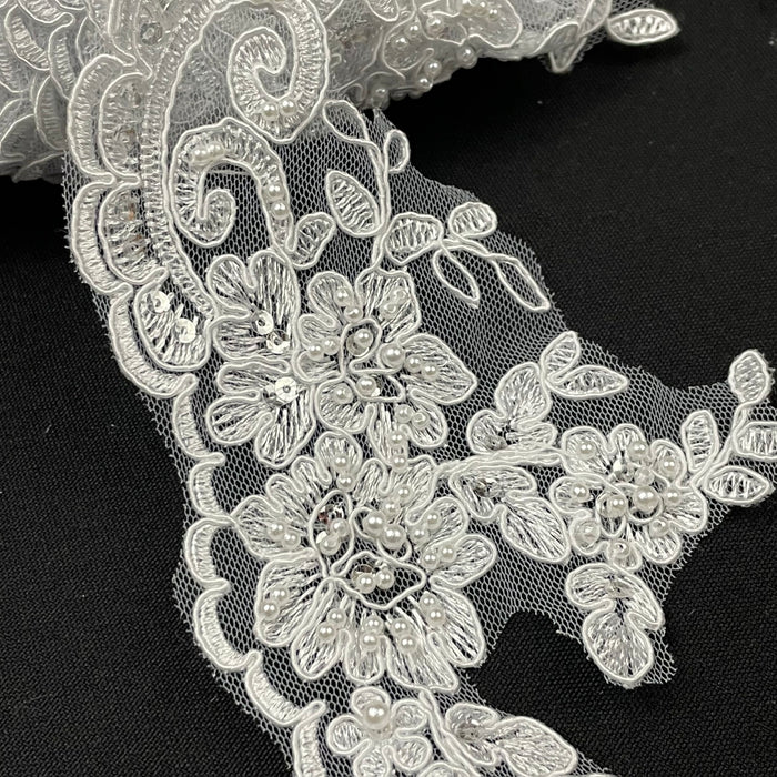 Bridal Veil Lace Trim Classic Elegant Border Alencon Embroidered Corded Sequined Hand Beaded Mesh Ground, 4.5" Wide, Choose Color, Top Quality