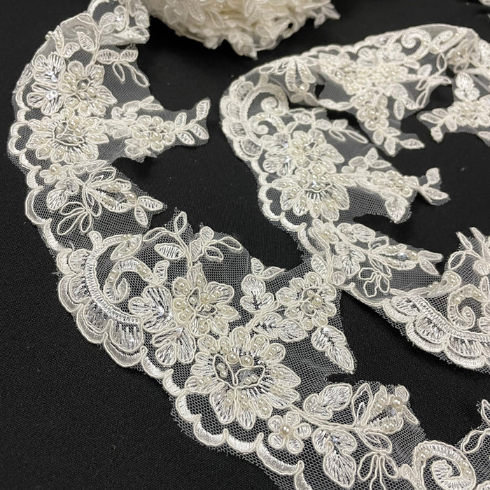 Bridal Veil Lace Trim Classic Elegant Border Alencon Embroidered Corded Sequined Hand Beaded Mesh Ground, 4.5" Wide, Choose Color, Top Quality