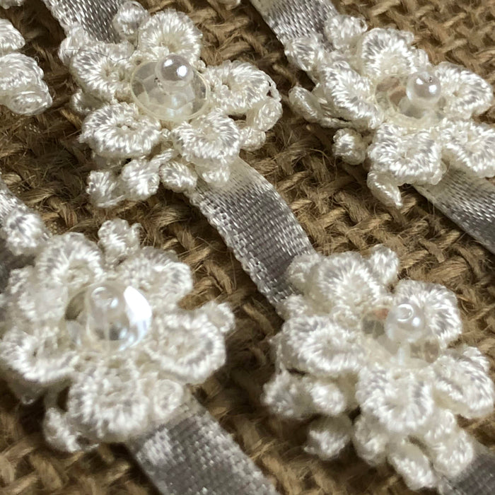 Layered Venise flowers on Satin Ribbon Tape, Sequined Beaded, 1" Wide, Venise Lace use continuous or individual flowers, for garments Costumes Crafts and more