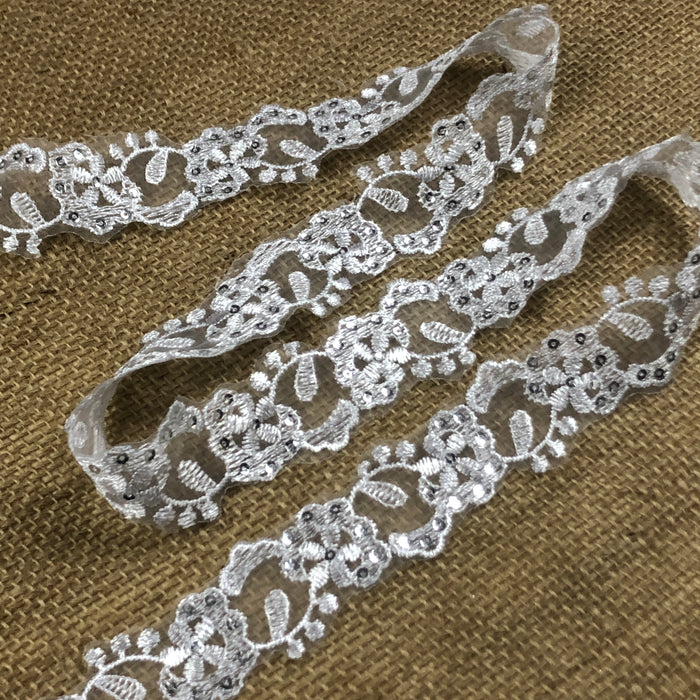 Christening Trim Lace Embroidered & Silver Sequins Double Border Cute, 1.25" Wide, White, Multi-use Bridal Veil Communion Christening Baptism Dress Cape
