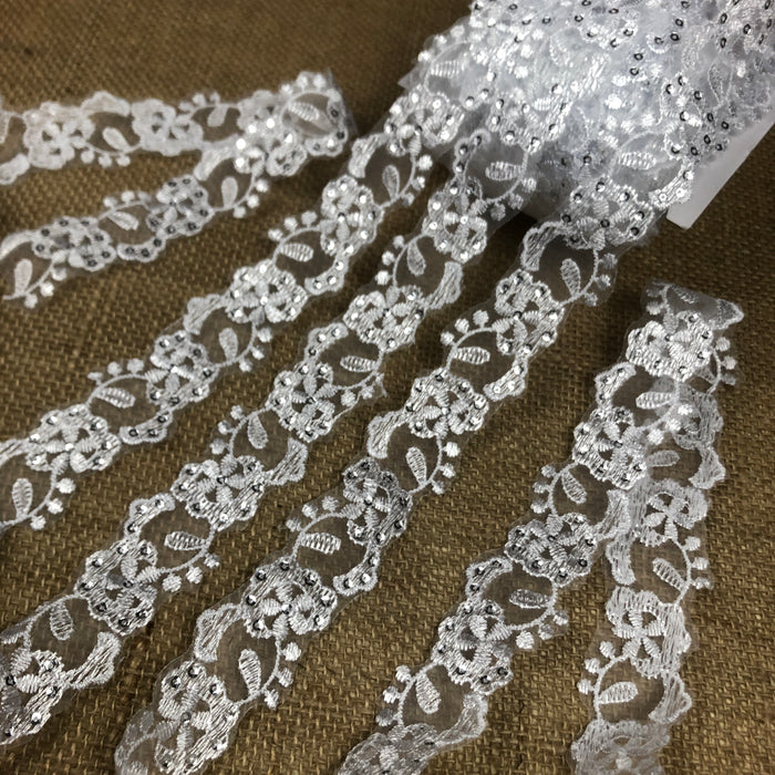 Christening Trim Lace Embroidered & Silver Sequins Double Border Cute, 1.25" Wide, White, Multi-use Bridal Veil Communion Christening Baptism Dress Cape