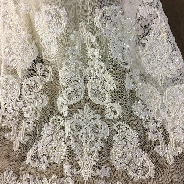 Bridal Lace Fabric Hand Beaded Corded Allover Double Border Vintage French Alencon, 52" Wide, Ivory, Multi-Use Cut Parts or Use as is