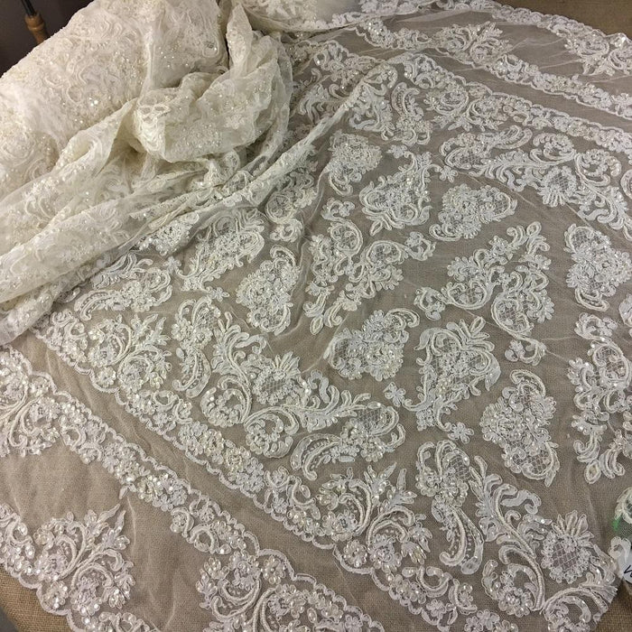 Bridal Lace Fabric Hand Beaded Corded Allover Double Border Vintage French Alencon, 52" Wide, Ivory, Multi-Use Cut Parts or Use as is