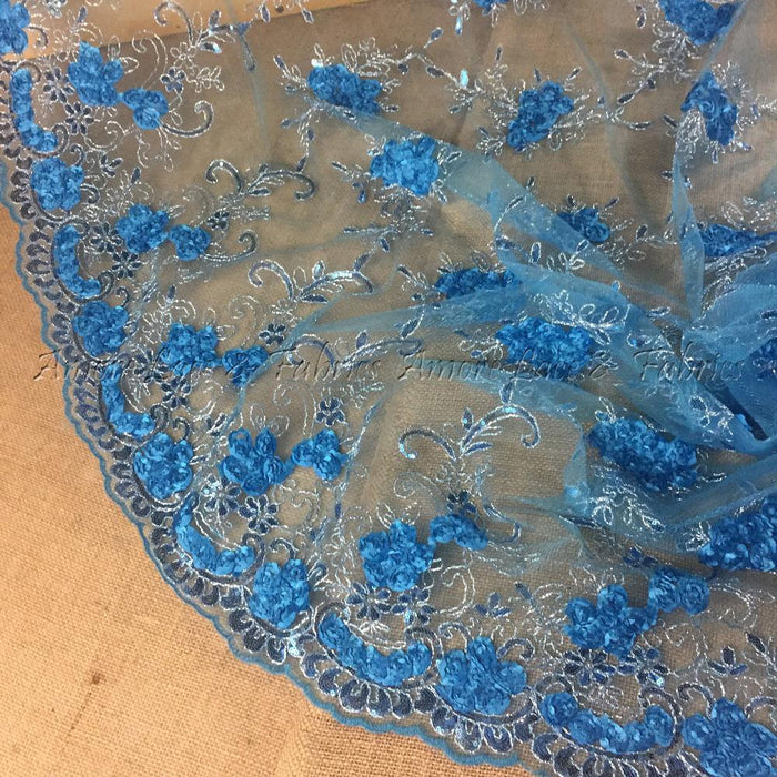3D Raised Fabric Lace Silver Cord Ribbon Sequins Embroidered Floral Allover Mesh, 52" Wide, Garments Table Overlay Costume Backdrop ⭐