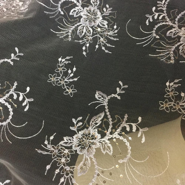 Embroidered Mesh Fabric Silver Sequins Full Allover Floral Design, 56" Wide, White, Multi-Use Garments Veils Communion Christening Baptism Decorations Costume Backdrop