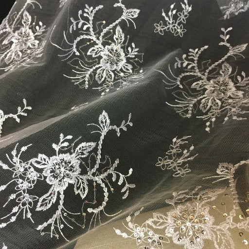 Embroidered Mesh Fabric Silver Sequins Full Allover Floral Design, 56" Wide, White, Multi-Use Garments Veils Communion Christening Baptism Decorations Costume Backdrop   